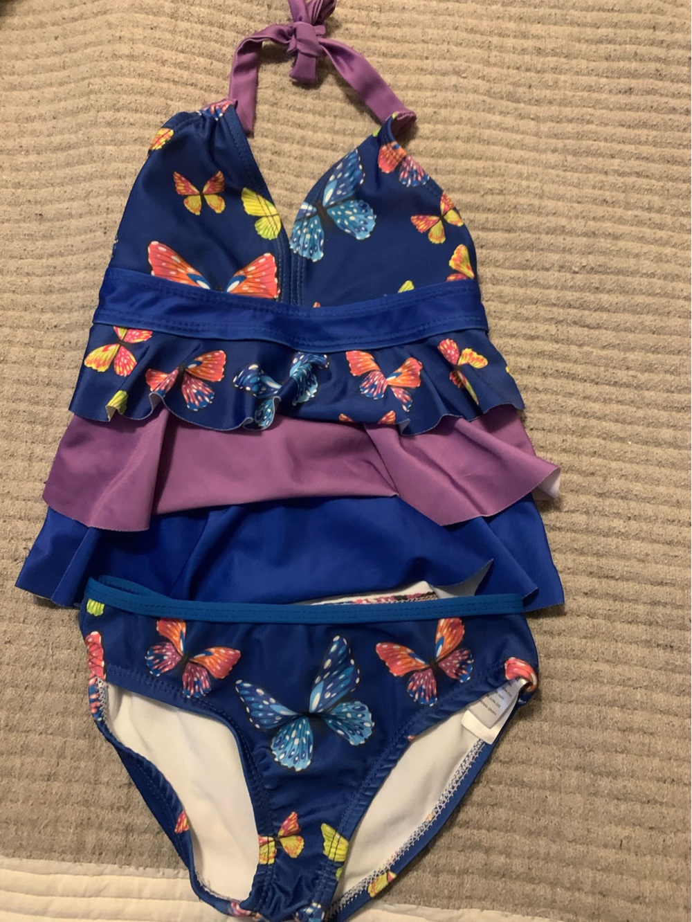 Girls Blue Butterfly Tankini Set with Purple Ruffle Accents
